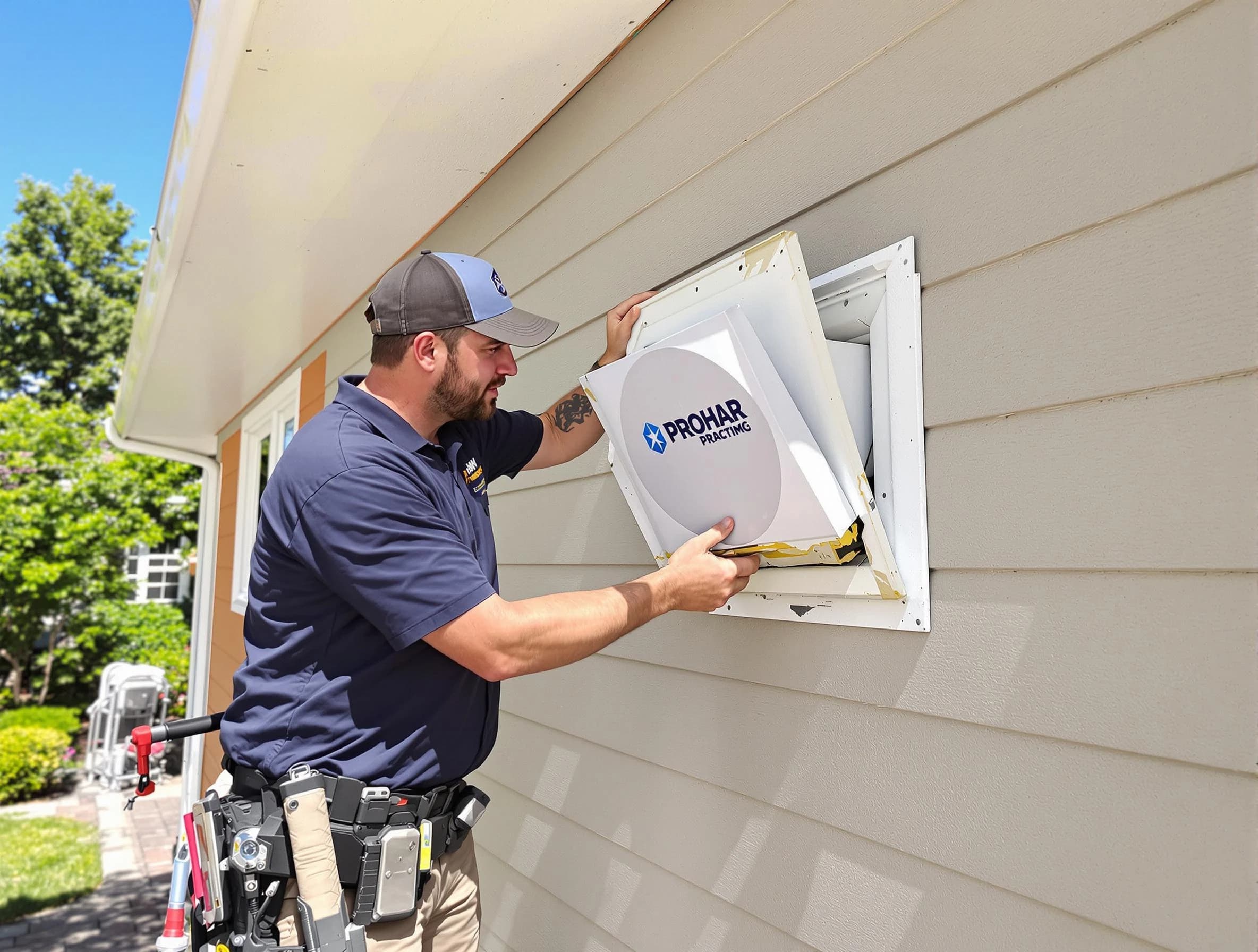 Oak Hill Dryer Vent Cleaning technician installing a new protective dryer vent cover on a home in Oak Hill