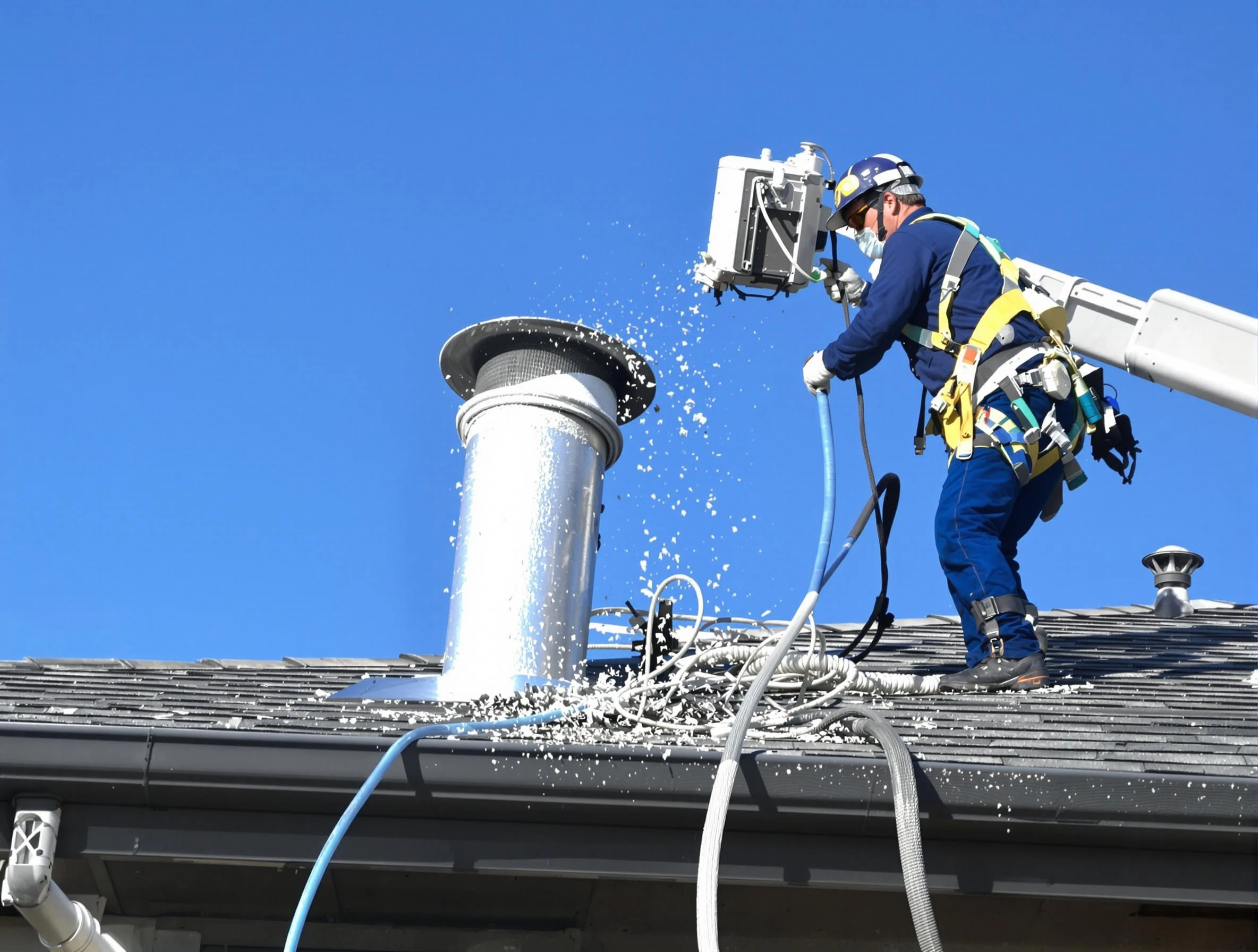 Oak Hill Dryer Vent Cleaning certified technician safely cleaning a roof-mounted dryer vent in Oak Hill