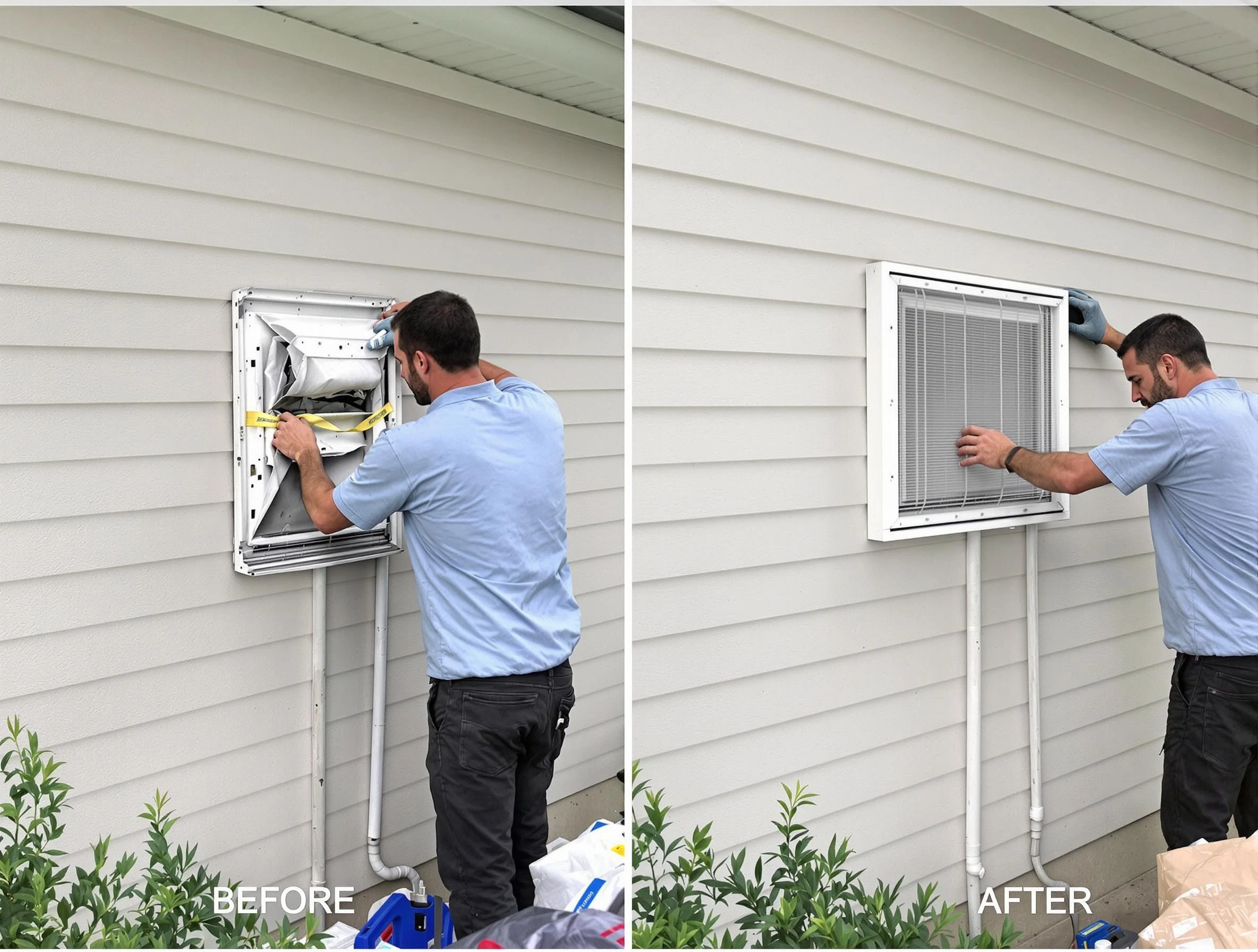 Oak Hill Dryer Vent Cleaning technician installing high-quality dryer vent cover at a residential property in Oak Hill
